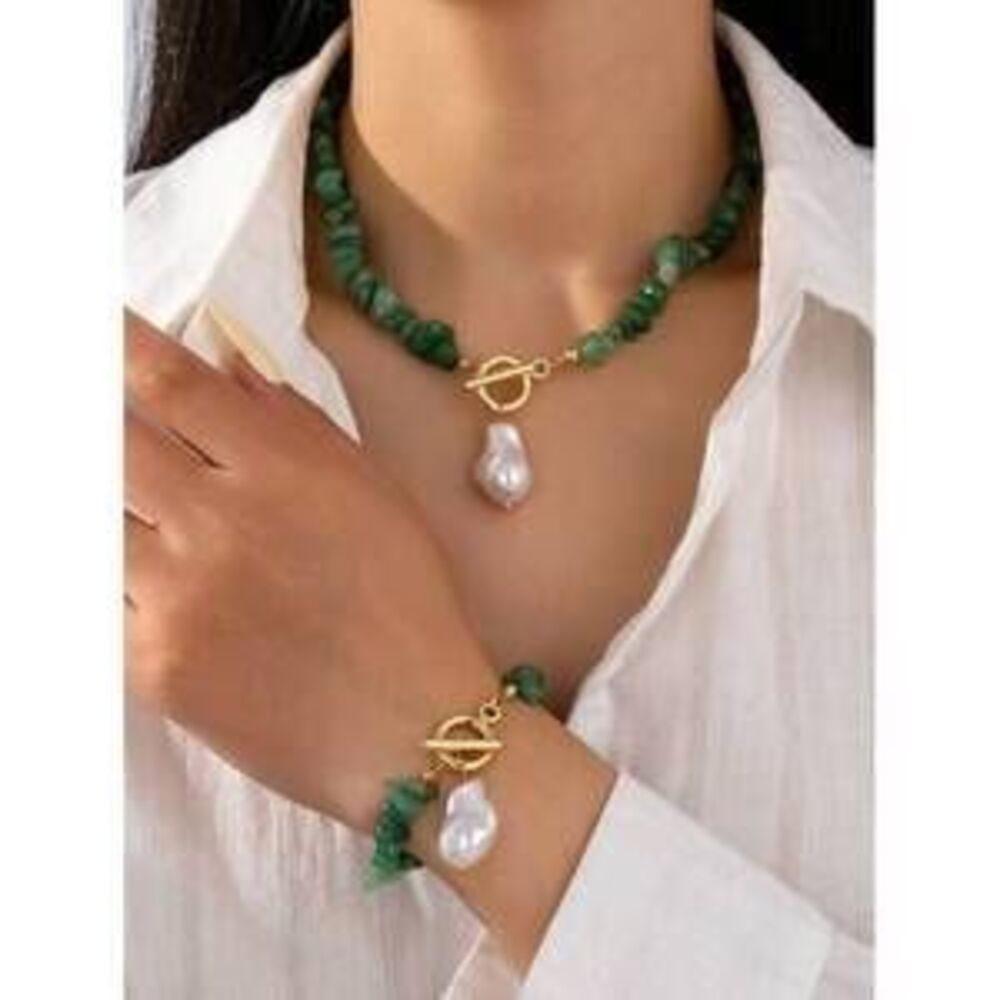 Turquoise Chip & Faux Baroque Pearl Jewelry Set, Includes 2 Allo Y2K Minimalist - Picture 6 of 6